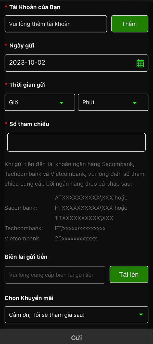 Gửi tiền vào JBO